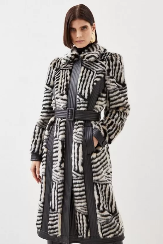 Hot Karen Millen Faux Fur Pu Panelled Stripe Belted Coat multi