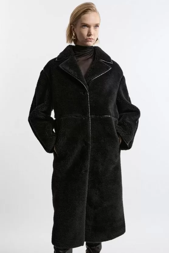 Discount Karen Millen Faux Fur Pu Trim Longline Coat black