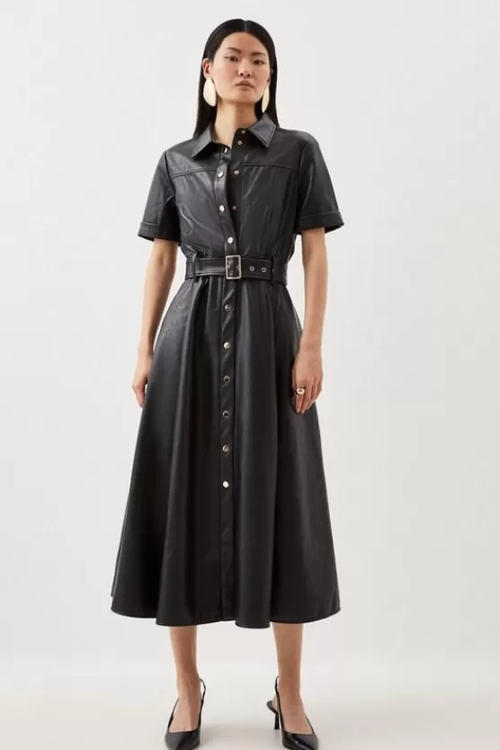 Best Sale Karen Millen Faux Leather Belted Midi Shirt Dress black