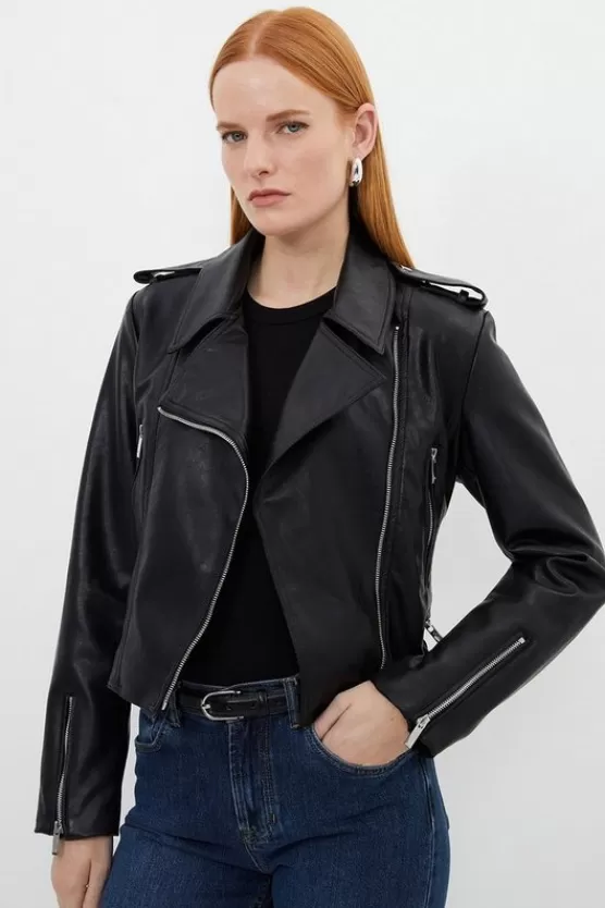 Cheap Karen Millen Faux Leather Cropped Moto Jacket black