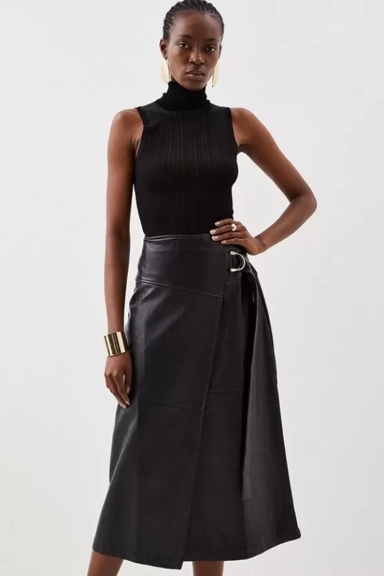 Shop Karen Millen Faux Leather Tie Detail Wrap Midi Skirt black