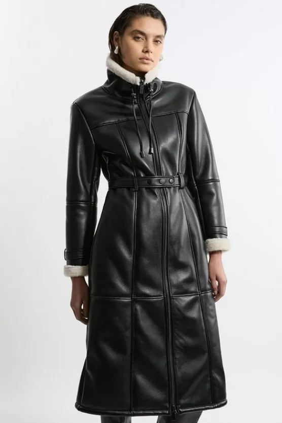 Shop Karen Millen Faux Shearling Aviator Longline Coat mono