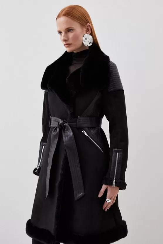 Best Sale Karen Millen Faux Shearling Biker Longline Belted Coat black