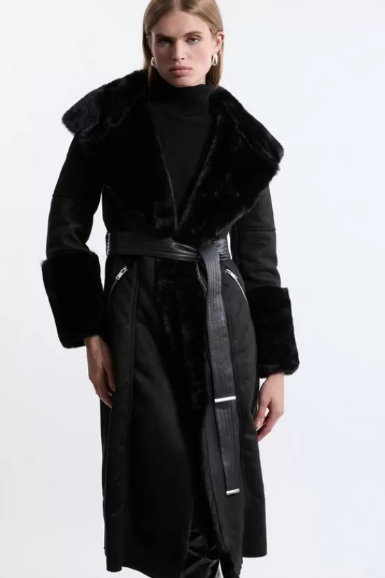 Store Karen Millen Faux Shearling Collar & Cuff Belted Midi Coat black