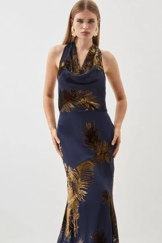 Online Karen Millen Feather Devore Halter Neck Woven Midi Dress navy