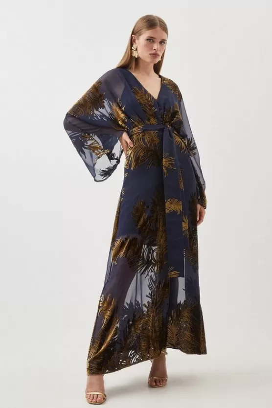 New Karen Millen Feather Devore Woven Kimono Maxi Dress navy