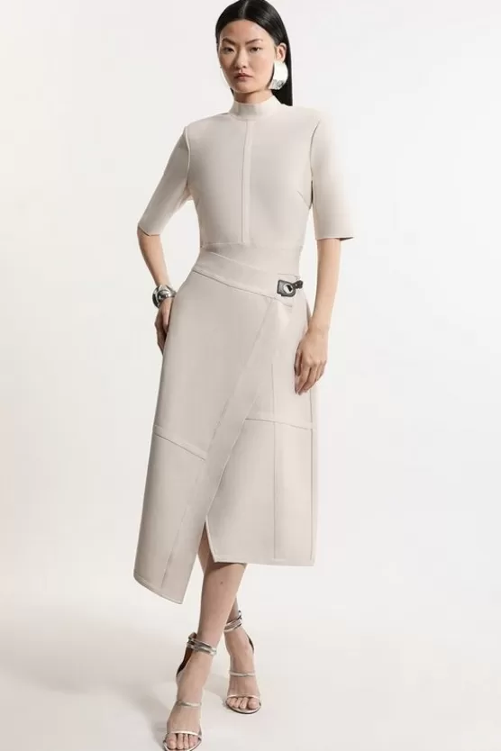 Fashion Karen Millen Figure Form Bandage Asymmetric Knit Midi Dress stone