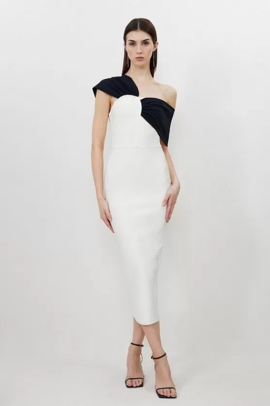 Fashion Karen Millen Figure Form Bandage Asymmetric Strap Knit Midi Dress cream