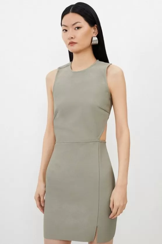 New Karen Millen Figure Form Bandage Cut Out Detail Knit Mini Dress lightkhaki