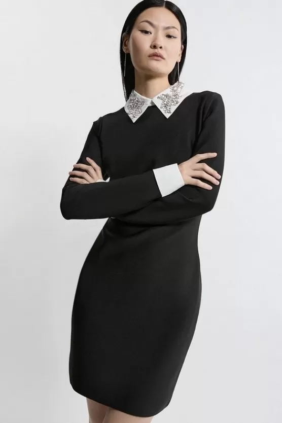 Cheap Karen Millen Figure Form Bandage Embellished Collar Knit Mini Dress mono