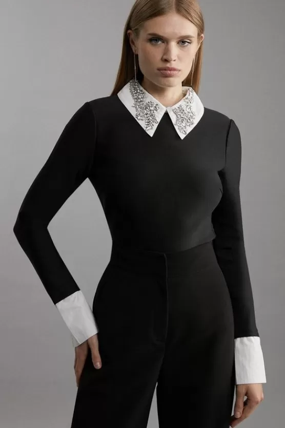 Outlet Karen Millen Figure Form Bandage Embellished Collar Knit Top black