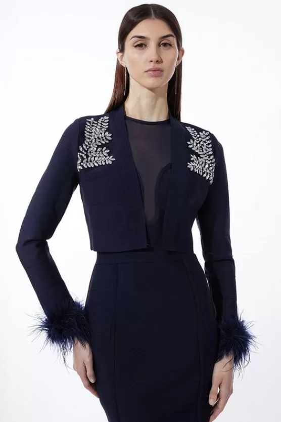 Hot Karen Millen Figure Form Bandage Embellished Feather Cuff Crop Knit Jacket navy