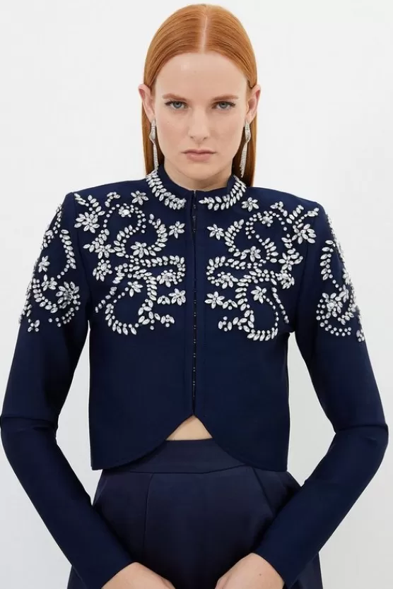 Hot Karen Millen Figure Form Bandage Embellished Knit Jacket navy