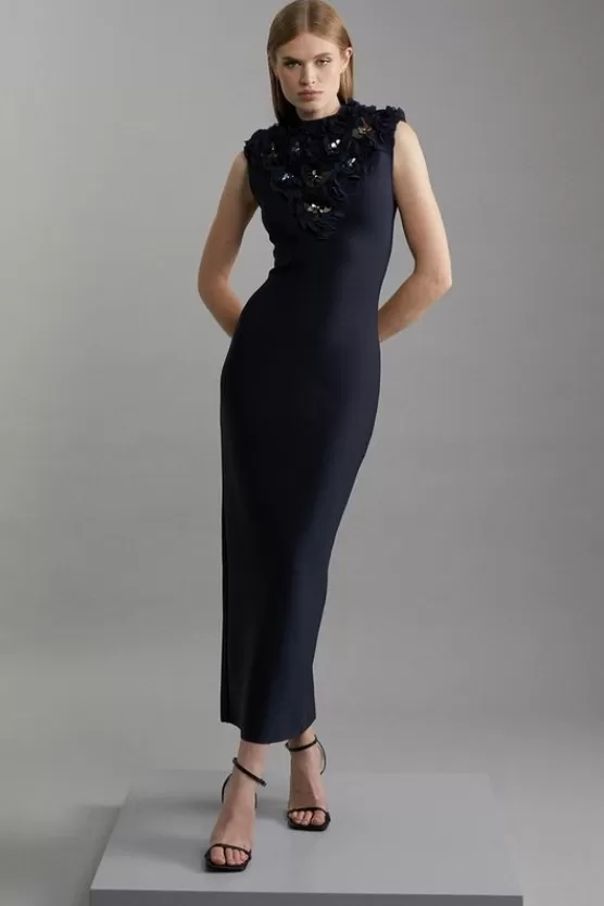 New Karen Millen Figure Form Bandage Embellished Neck Midaxi Column Dress navy