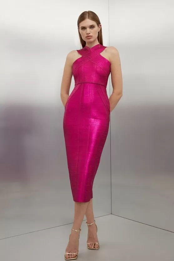 Discount Karen Millen Figure Form Bandage Foiled Cross Front Knit Midi Dress pink