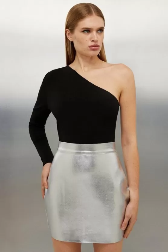 Discount Karen Millen Figure Form Bandage Foiled Knit Mini Skirt silver