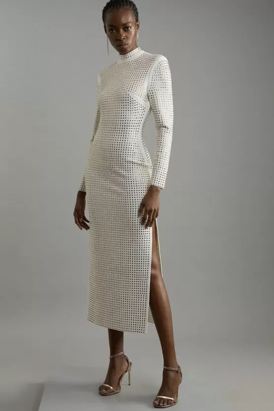 Best Karen Millen Figure Form Bandage Knit All Over Embellished Maxi Dress ivory