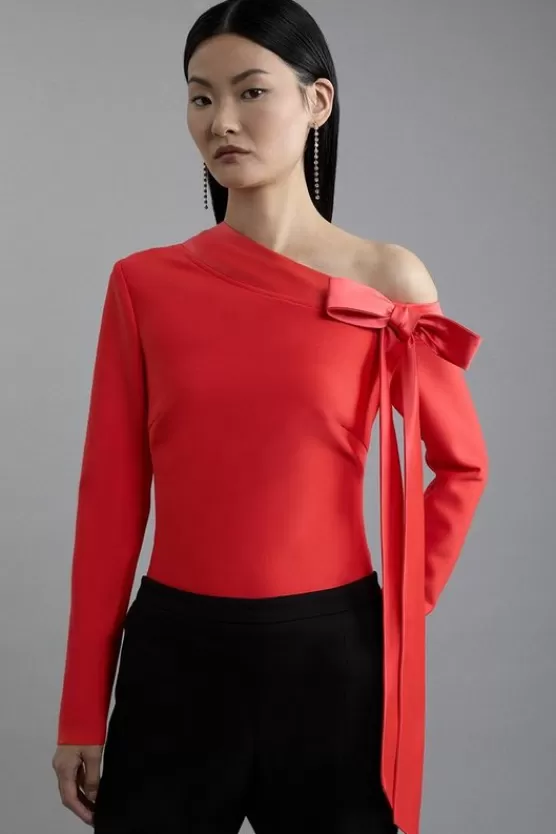 Shop Karen Millen Figure Form Bandage Knit Bow Detail Asymmetric Top red