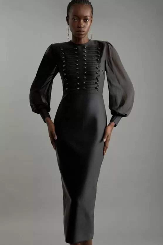 Sale Karen Millen Figure Form Bandage Knit Chiffon Sleeve Military Trim Midaxi Dress black