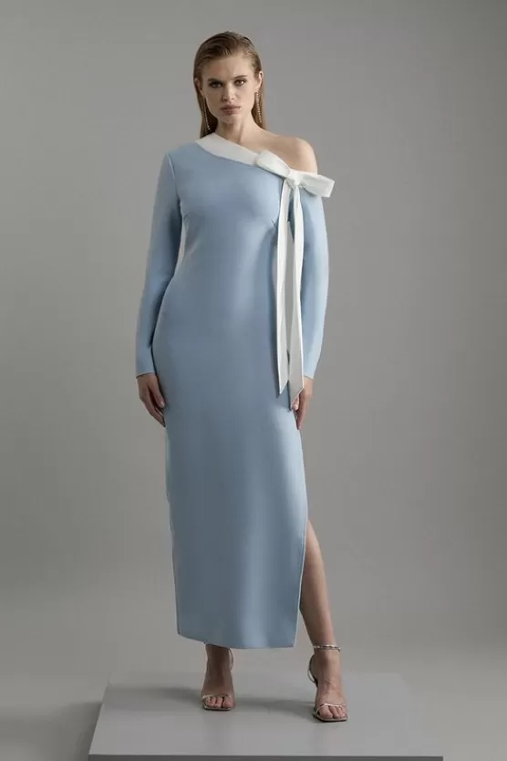 Online Karen Millen Figure Form Bandage Knit Contrast Bow Detail Midaxi Dress blue
