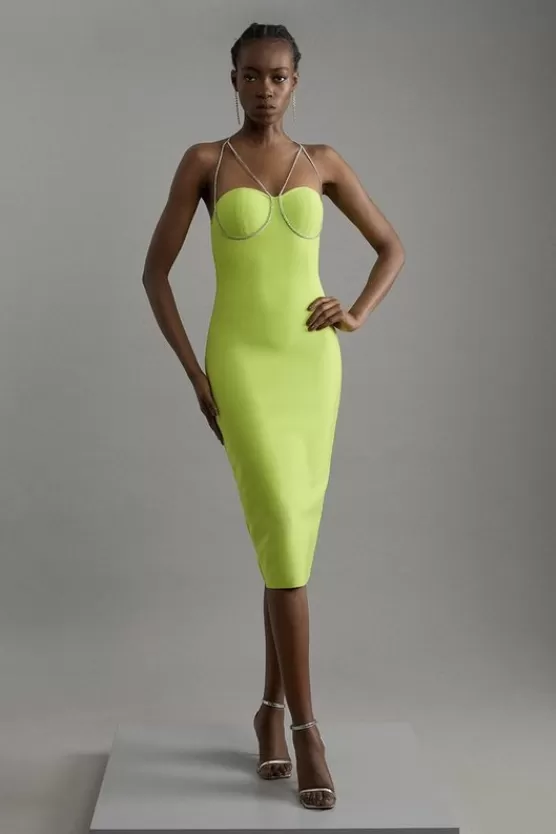 Flash Sale Karen Millen Figure Form Bandage Knit Diamante Chain Mini Dress lime