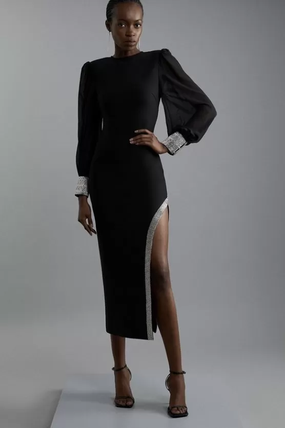 Store Karen Millen Figure Form Bandage Knit Embellished And Chiffon Sleeve Midaxi Dress black
