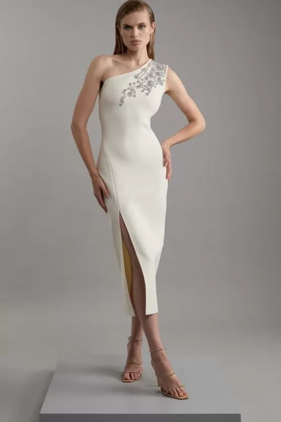 Shop Karen Millen Figure Form Bandage Knit Embellished One Shoulder Midaxi Dress cream