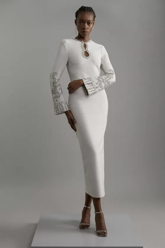 Fashion Karen Millen Figure Form Bandage Knit Embellished Wide Sleeve Midaxi Dress grey