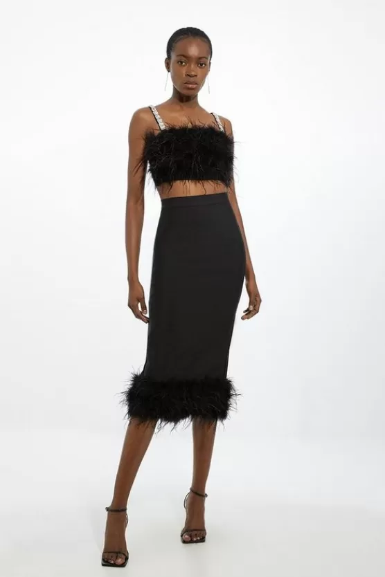 Cheap Karen Millen Figure Form Bandage Knit Feather Hem Midi Skirt black