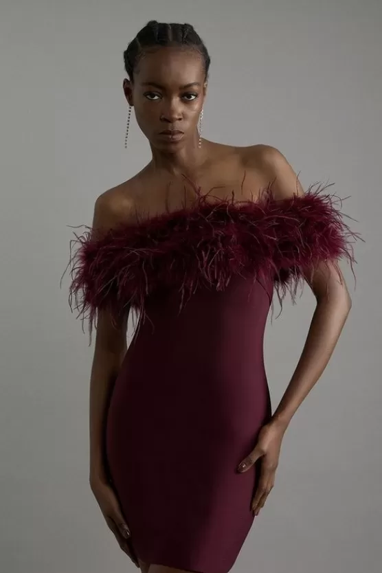 Discount Karen Millen Figure Form Bandage Knit Feather Off The Shoulder Mini Dress wine