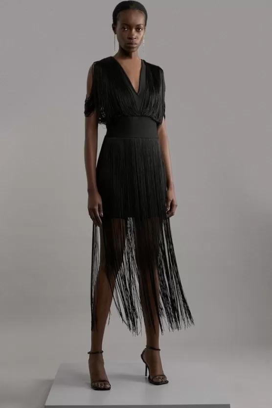 Fashion Karen Millen Figure Form Bandage Knit Fringe Detail Dress black