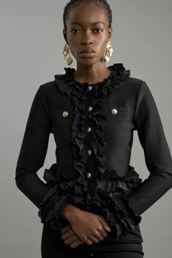 Online Karen Millen Figure Form Bandage Knit Jacket With Woven Ruffle Trim black