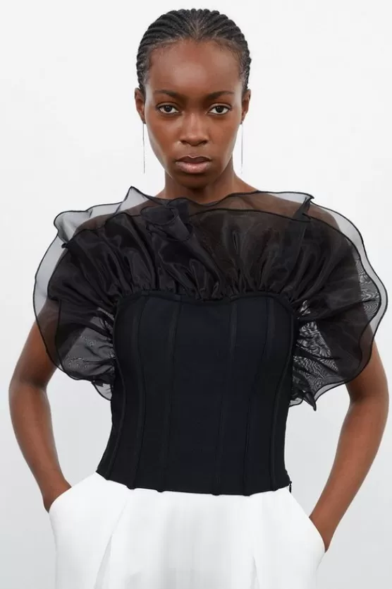 Discount Karen Millen Figure Form Bandage Knit Organza Frill Detail Top black