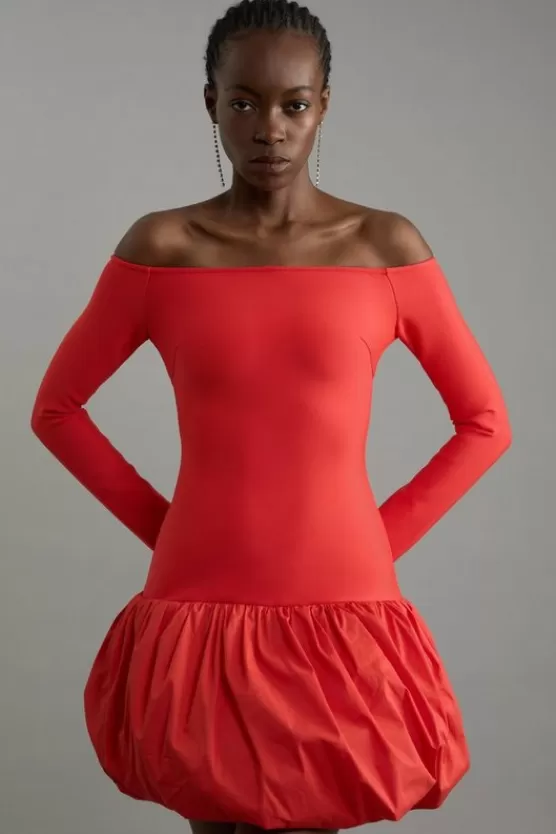 Fashion Karen Millen Figure Form Bandage Knit Structu Puff Ball Mini Dress red