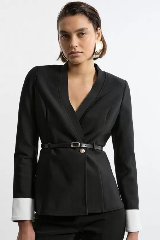 Store Karen Millen Figure Form Bandage Knit Woven Cuff And Belted Jacket black