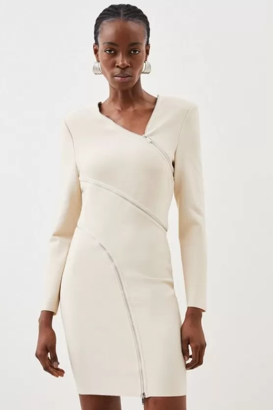 Cheap Karen Millen Figure Form Bandage Knit Zip Detail Power Shoulder Mini Dress stone