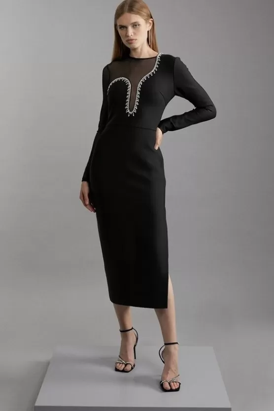 Sale Karen Millen Figure Form Bandage Mesh Detail Asymmetric Trim Midi Dress black