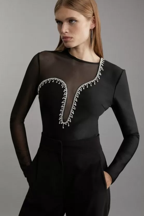 Sale Karen Millen Figure Form Bandage Mesh Detail Embellished Knit Top black