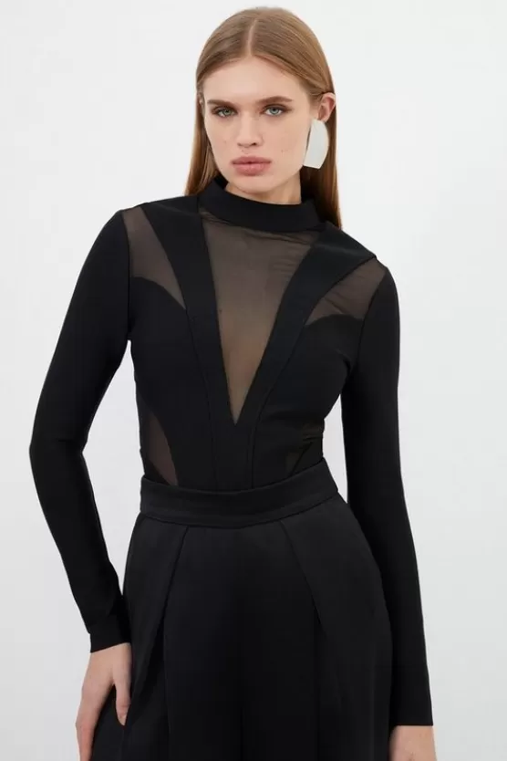 New Karen Millen Figure Form Bandage Mesh Detail Knit Top black