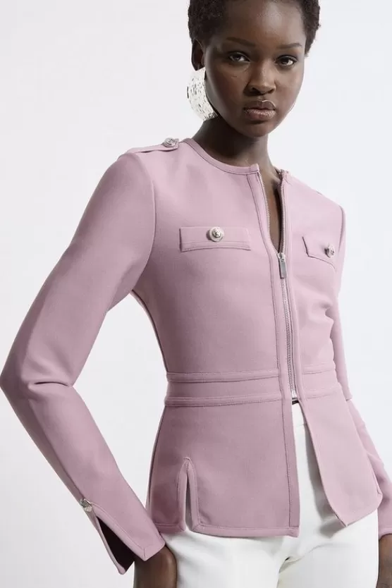 Outlet Karen Millen Figure Form Bandage Military Contrast Piping Knit Split Hem Jacket mauve