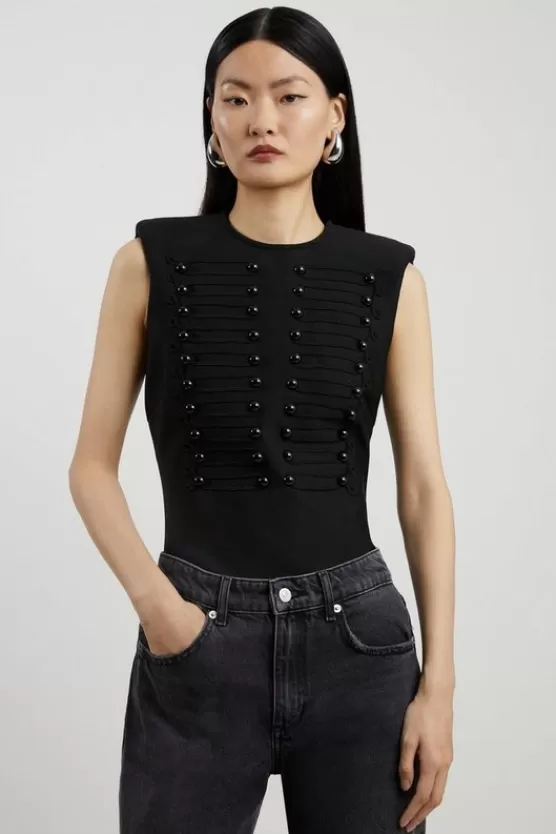 Fashion Karen Millen Figure Form Bandage Military Detail Knit Top black