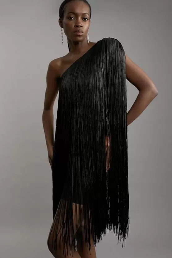 Cheap Karen Millen Figure Form Bandage One Shoulder Fringe Mini Knit Dress black
