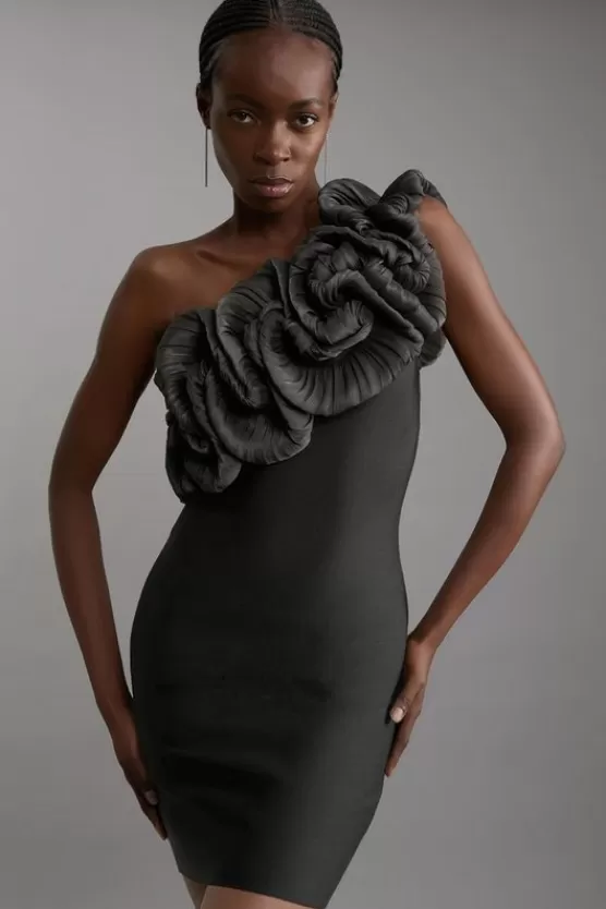 New Karen Millen Figure Form Bandage Silk Look Flower Detail One Shoulder Knit Dress black