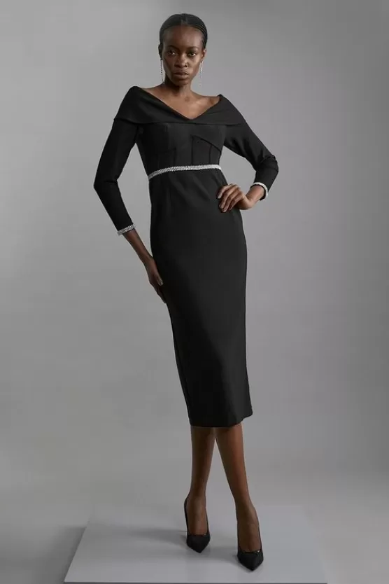 Hot Karen Millen Figure Form Diamante Trim And Power Mesh Midi Dress black