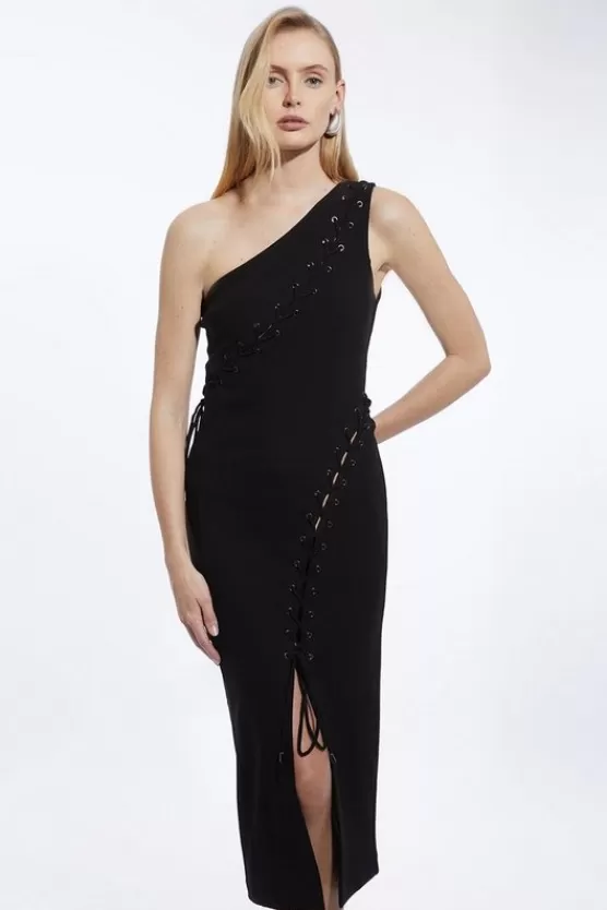 Store Karen Millen Figure Form One Shoulder Lace Up Woven Midi Dress black