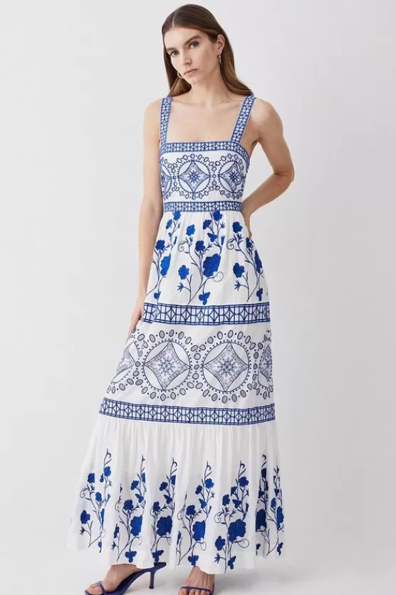 Store Karen Millen Floral & Geo Embroidered Woven Midaxi blue