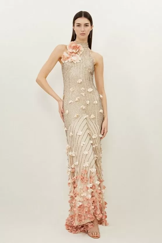Cheap Karen Millen Floral Applique Crystal Embellished Woven Maxi Rosette Maxi Dress gold