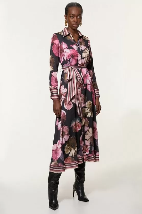 Best Karen Millen Floral Border Print Woven Belted Midi Dress black