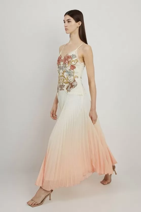 Flash Sale Karen Millen Floral Chemical Lace And Slub Organdie Mix Woven Strappy Maxi Dress pink