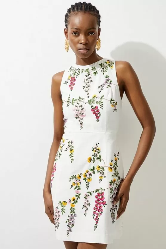 Sale Karen Millen Embroidered Cotton Linen Woven Mini Dress floral